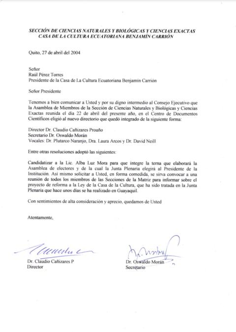 Correspondencia - Directorio para el periodo 2004 - 2008 y candidatura de la Lic. Alba Luz Mora