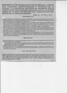 Manifiesto. Proceso electoral en El Salvador y Cuarto Aniversario del asesinato de Monseñor Óscar...