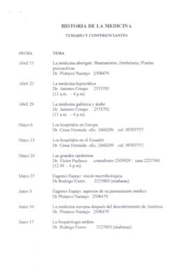 Historia de la Medicina. Temario y Conferenciantes.