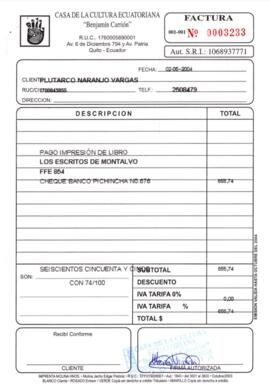 Factura - Pago por la impresión de la obra "Los Escritos de Montalvo"