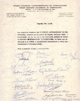 Firmas de constancia de la constitución de la Sociedad Latinoamericana de Farmacología.