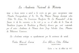Invitación a la sesión de incorporación del Dr. Plutarco Naranjo.