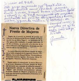 Recorte de prensa. Nueva Directiva del Frente Amplio de Mujeres (División del FAM)