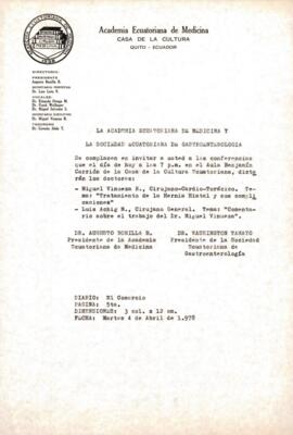 Invitación a las conferencias dictadas por los Drs. Miguel Vinueza R. y Luis Achig M.