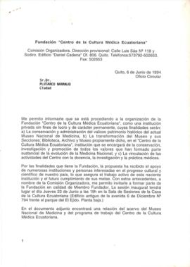 Invitación para formar parte de la Fundación "Centro de la Cultura Médica Ecuatoriana" ...