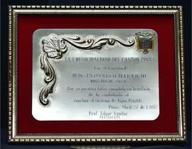 Placa de gratitud. Municipalidad del Cantón Piñas